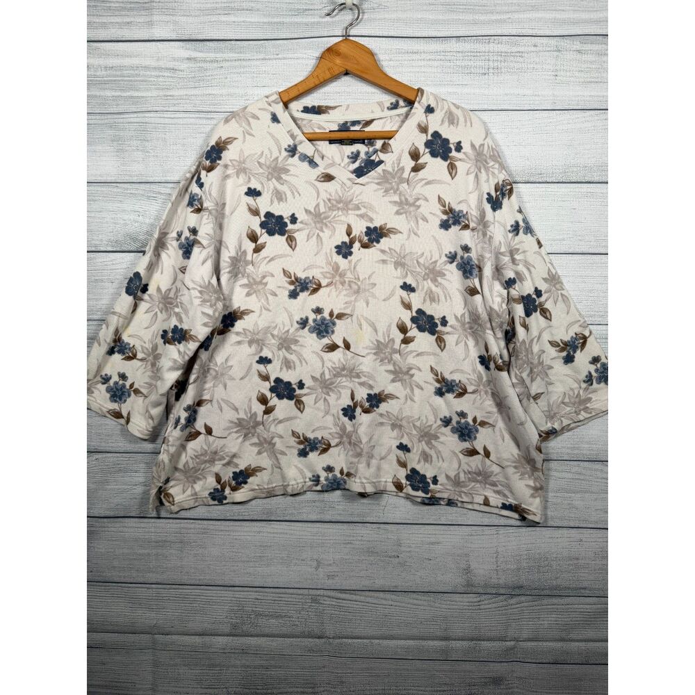 Island Traders Floral V Neck Top Womens XXL 3/4 Sleeve Blue Gray #4524